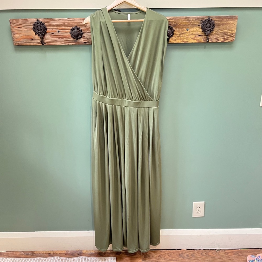 Halara Olive Green Surplice Wrap V-Neck Wide Leg Jumpsuit Large NWT
